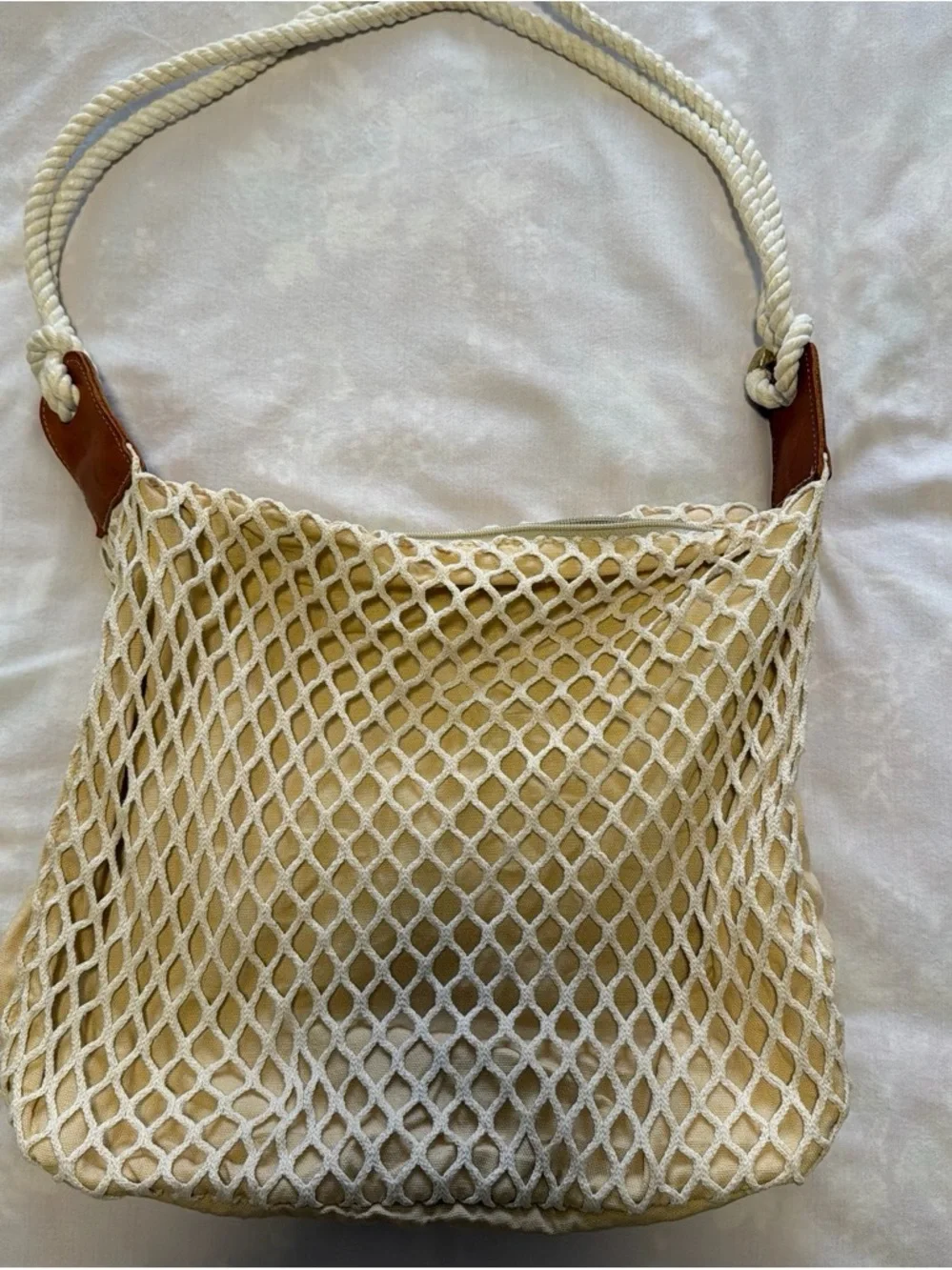 Cream Mesh Rope-Handle Tote Bag